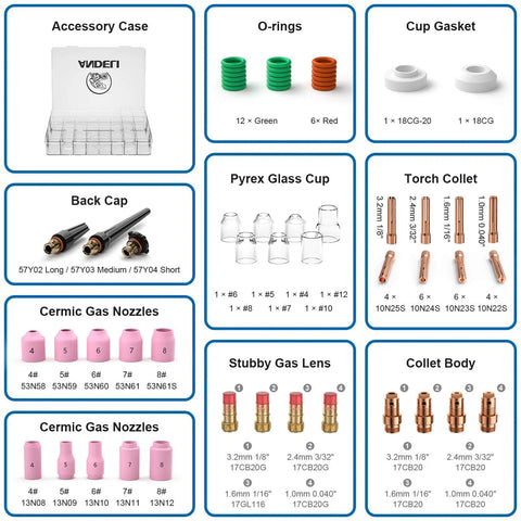 68 Piece TIG Welding Torch Stubby Gas Lens Accessories Kit for WP 17 18 26 Ideal For Weekend Warriors And Pros Alike displayed with glass cups, O-rings, and ceramic nozzles.