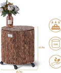 Round Water Hyacinth Storage Basket With Lid And Wheels Boho Chic Natural Rattan Bin, lid as seat, 15.7in wide, 17.7in high, 50L