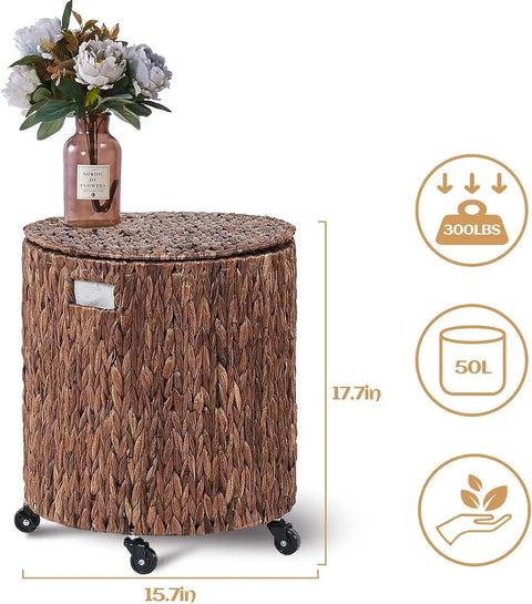 Round Water Hyacinth Storage Basket With Lid And Wheels Boho Chic Natural Rattan Bin, lid as seat, 15.7in wide, 17.7in high, 50L