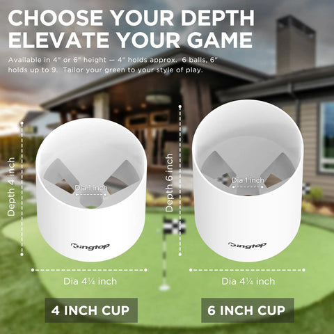 Outdoor And Indoor Practice Golf Hole Cups For Putting Green 4 Inch Depth Two Pack Ivory White USGA And PGA Pro Grade Ready Four And A Quarter Inch Outer Diameter One Inch Center Hole Sturdy ABS displayed.