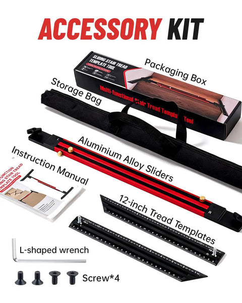 Accessory kit for Essential Top Shelf Adjustable Stair Tread Template Tool including sliders, templates, screws, and instruction manual.