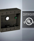 Bronze 4.5-Inch By 4.5-Inch 2-Gang Weatherproof Junction Box With 2-Inch Depth, Three Half-Inch Threaded Holes, Outdoor Electrical Box For Outdoor Outlets Or Branch Circuit Wiring, DB350Z displayed with certification logo