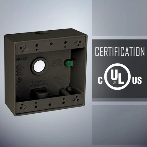Bronze 4.5-Inch By 4.5-Inch 2-Gang Weatherproof Junction Box With 2-Inch Depth, Three Half-Inch Threaded Holes, Outdoor Electrical Box For Outdoor Outlets Or Branch Circuit Wiring, DB350Z displayed with certification logo