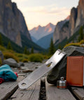 Mini Stainless Steel Pocket Pry Bar EDC Tool For Bushcraft And Survival on wooden plank in mountain setting