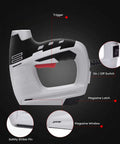Detailed view of 4 In 1 Electric Staple And Brad Nailer Gun, 120V Power Hand Stapler with labeled features including trigger and switch
