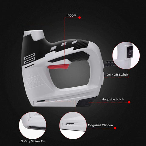 Detailed view of 4 In 1 Electric Staple And Brad Nailer Gun, 120V Power Hand Stapler with labeled features including trigger and switch