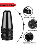 10 Pack Presta Valve Stem Caps Aluminum Chrome Anodized Black Rocket Style Dust Caps For MTB, Road, Hybrid Bikes, Ultra Lightweight, Easy Screw On Protection For Valve Cores. Image shows a detailed view of cap design highlighting knurled grip.