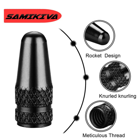10 Pack Presta Valve Stem Caps Aluminum Chrome Anodized Black Rocket Style Dust Caps For MTB, Road, Hybrid Bikes, Ultra Lightweight, Easy Screw On Protection For Valve Cores. Image shows a detailed view of cap design highlighting knurled grip.