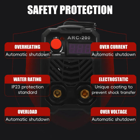 Portable 200A Arc Welder For Home And Workshop, 110V IGBT Inverter safety features including digital display and protection systems