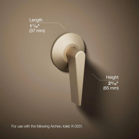 Archer Trip Lever For Two Piece Toilets In Vibrant Brushed Bronze with length and height measurements shown.