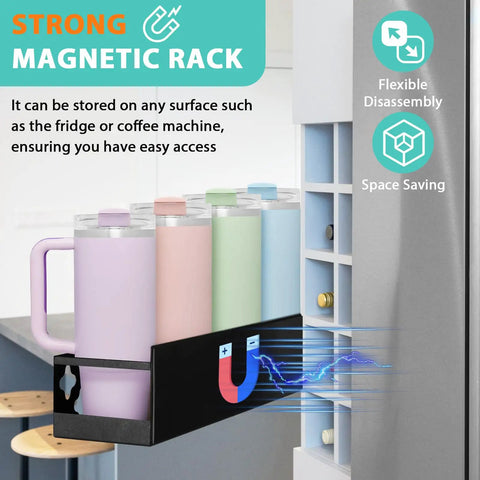 Magnetic Fridge Bottle Organizer And Cup Holder Kit For 30-40 Oz Tumblers, Lid And Straw Storage, mounted on fridge