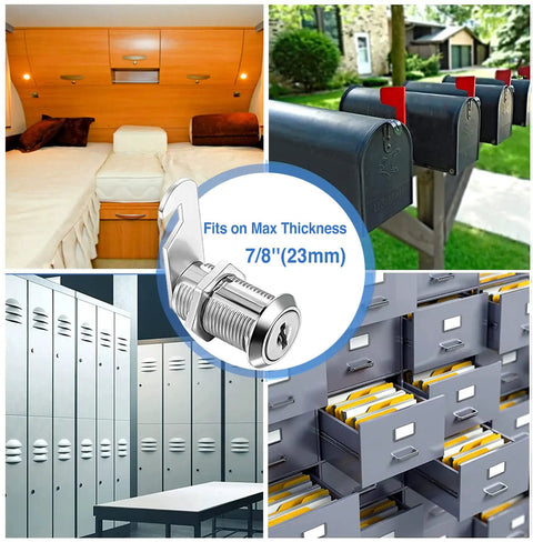 Pro Grade Zinc Alloy Cam Locks Keyed Alike 1 1/8 Inch Cylinder Fits Up To 0.9 Inch Panels in various applications like lockers and mailboxes.
