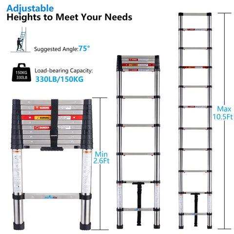 10.5 Foot Telescoping Ladder With Stainless Steel Build, One Button Retraction, Anti Pinch Extension, Extended and Folded View