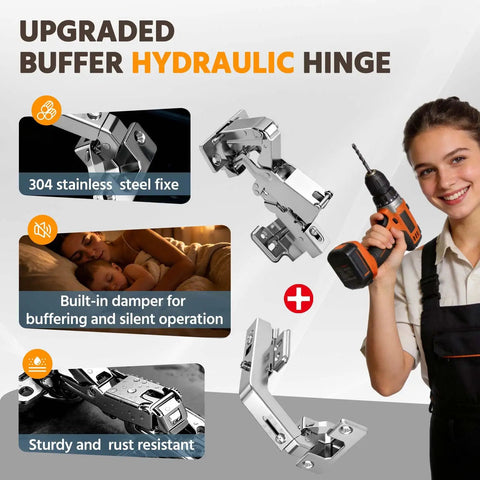 Soft Close Corner Cabinet Hinges Set With Silent Dampers, images of hydraulic hinges and a person holding a drill