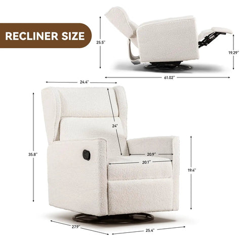Comfy Teddy Upholstered Nursery Rocking Chair With Swivel Rocker Recliner And Manual Glider For Living Room Bedroom Or Office Beige Fabric Soft Plush Comfort with dimensions