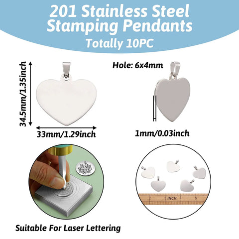 Cheriswelry 10Pcs 201 stainless steel heart stamping pendants with snap-on bails, 33mm silver