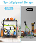 Heavy Duty Sports Equipment Garage Organizer With Ball Storage Rack Basket Hooks And Rolling Cart For Sports Gear And Toy Storage Indoor Outdoor Use Black, before and after organization setup.