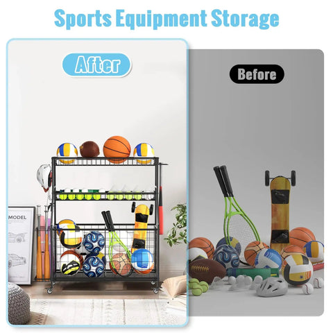 Heavy Duty Sports Equipment Garage Organizer With Ball Storage Rack Basket Hooks And Rolling Cart For Sports Gear And Toy Storage Indoor Outdoor Use Black, before and after organization setup.