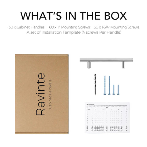 Box contents of 30 Pack Brushed Nickel Cabinet Pulls, 6.3 Inch Length, 4 Inch Hole Center, Stainless Steel Kitchen Cupboard Drawer Handles