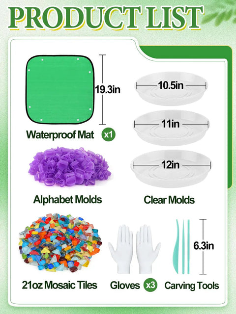 DIY Three Sizes Stepping Stone Kit With 10.5 11 And 12 Inch Concrete Molds Mosaic Tiles Carving Tools Shown with Accessories