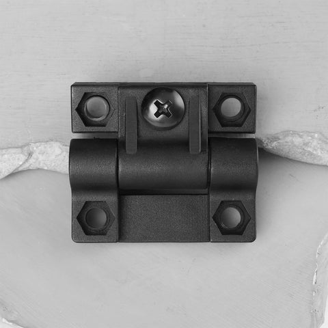 Front view of a black 36x42mm plastic adjustable torque hinge for cabinets, shown against a neutral background.