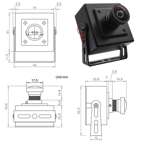 Diagram and side view of 1080P 120FPS High Speed USB Camera With M12 Wide Angle 12MP IMX577 Sensor