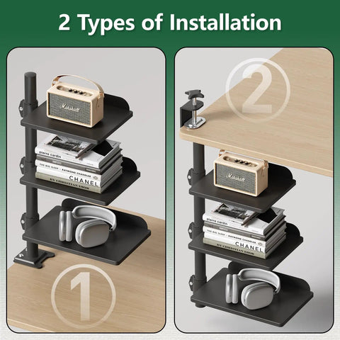 3 Tier Clamp On Desk Shelf With Height Adjustment And 360 Degree Rotatable Tray For Over Under Desk Storage Baffle Included
