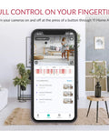 Living room with phone screen showing Pan Tilt 360 Degree Indoor Security Camera With Night Vision 1080p Pet Cam app interface.