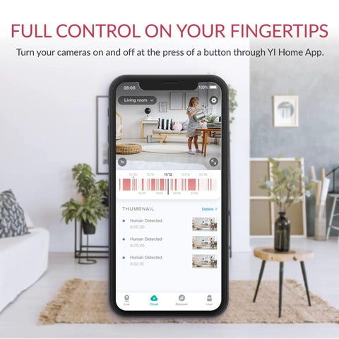 Living room with phone screen showing Pan Tilt 360 Degree Indoor Security Camera With Night Vision 1080p Pet Cam app interface.