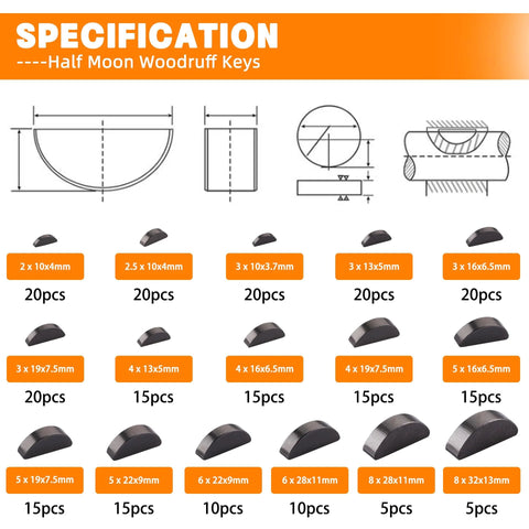 Front view of 530-piece metric woodruff key kit packaging showing 37 sizes and assorted half-moon and feather keys
