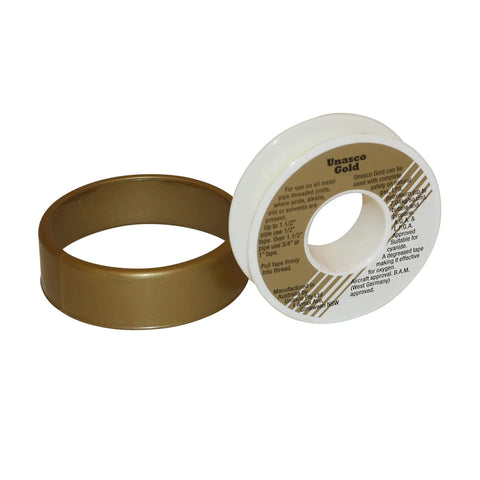 Gold Maximum Density PTFE Thread Seal Tape for Plumbing Half Inch By Fifteen Yards on white plastic spool with gold casing