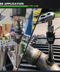 Rock Hard 10 Piece 1/2 Inch Drive Pipe Plug Socket Set showing usage with drill and ratchet on rusty fittings.