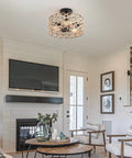 Living room with 3 Light Rustic Woven Flush Mount Ceiling Light Fixture With Handmade Hemp Rope Cage Industrial Semi Flush Mount