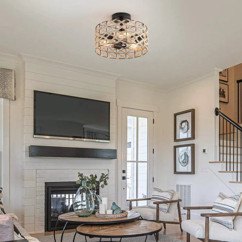 Living room with 3 Light Rustic Woven Flush Mount Ceiling Light Fixture With Handmade Hemp Rope Cage Industrial Semi Flush Mount