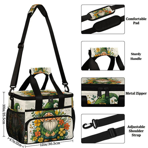 Picnic Backpack With Lunch Box Floral Tote Style Large 12x9x10 Inch, showing gnome print and features like adjustable strap, handle, zipper.