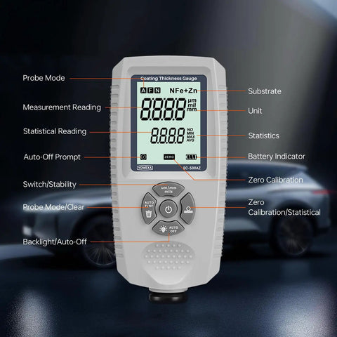 Car Paint Thickness Gauge With Automatic Ferrous Non-Ferrous And Galvanized Coating Detection, 0-2000 Micrometers For Steel And Aluminum Car Panels, Fast Accurate Readings And Easy Substrate Recognition, front view