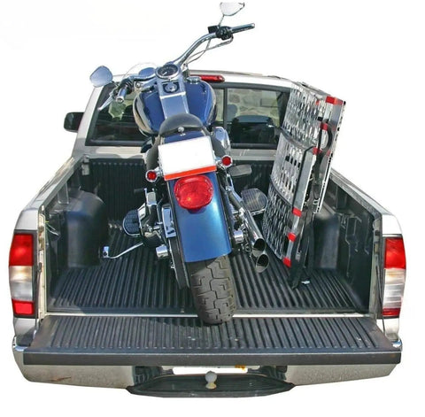 Portable Folding Loading Ramp For Trucks And Trailers Heavy Duty Aluminum And Steel Utility Ramp with motorcycle in truck bed