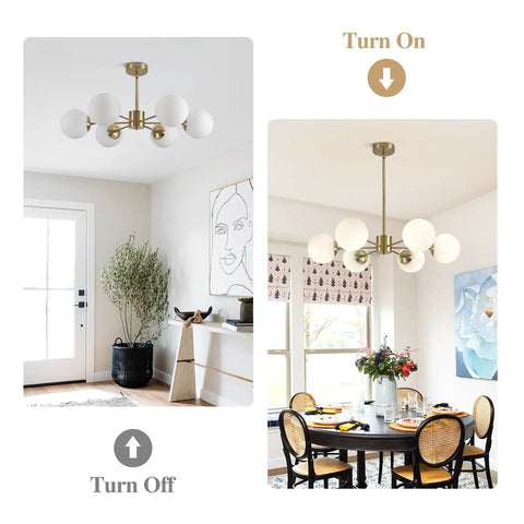 Gold Sputnik Chandelier With Six Milk Glass Globes Brass Flush Mount Ceiling Light for Kitchen and Dining Rooms