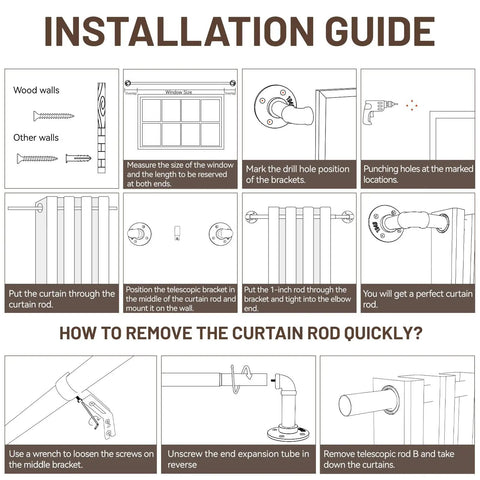Installation guide for Industrial Wrap Around Curtain Rod, 1 Inch Diameter, Adjustable 66 To 120 Inch Black Drapery Pole