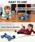 Children playing with Gesture Sensing RC Stunt Car With 360 Degree Flips And Drifts, 2.4GHz 4WD Remote, showing remote and gesture operation.