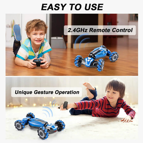Children playing with Gesture Sensing RC Stunt Car With 360 Degree Flips And Drifts, 2.4GHz 4WD Remote, showing remote and gesture operation.
