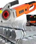 Heavy Duty Electric Pipe Threader And Cutter Kit With Four Swappable Die Heads For Galvanized Iron And PVC Tubing, showing cutter and die heads.