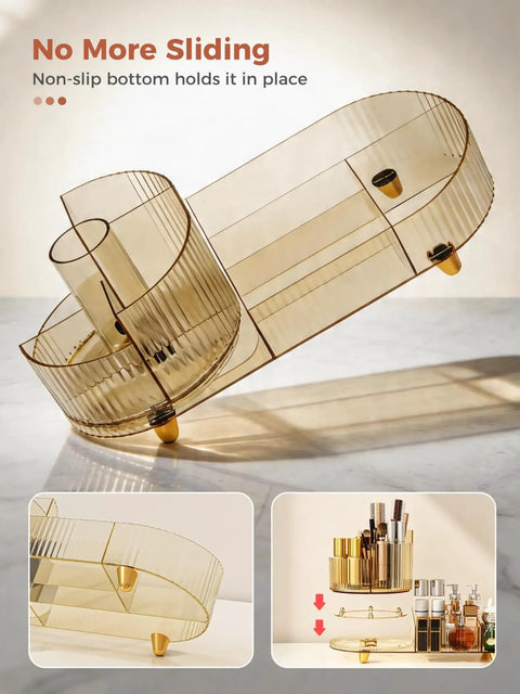 Top Shelf 360 Spin Makeup Organizer For Vanity Countertop Functions As Amber Acrylic Cosmetic Tray, measures 13.6x5.8x5.6 inches.