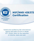 Front view of NSF certification badge on light blue background; NSF/ANSI 42&372 for water filter replacement element.