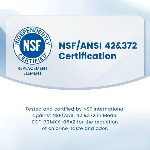Front view of NSF certification badge on light blue background; NSF/ANSI 42&372 for water filter replacement element.