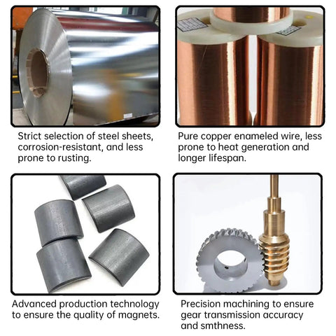 Components of Beefed Up 24V 40000 RPM High Speed DC Motor with Fine 10 Teeth Gear Upgrade, including steel sheets, copper wire, and gears.