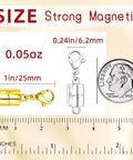 Magnetic Necklace Clasp With Lobster Clasp 14K Gold And Silver Magnetic Jewelry Clasps shown with size measurements and coin for scale.