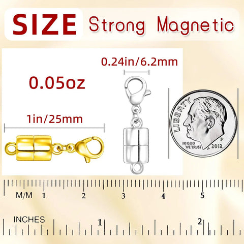 Magnetic Necklace Clasp With Lobster Clasp 14K Gold And Silver Magnetic Jewelry Clasps shown with size measurements and coin for scale.