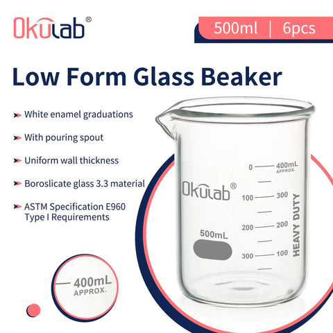 Low Form 500mL Glass Beaker Set 6 Pack Pro Grade Borosilicate 3.3 Beakers For Lab Classroom Craft And Kitchen Use Heavy Duty