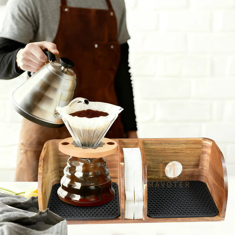 Person using Acacia Wood Coffee Bar Station Organizer Stand For Pour Over Nerds And Filter Holders Countertop Wooden Caddy